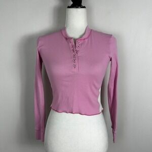 Skims Bubblegum Pink White Long Sleeve Ribbed Henley Top Womens Sz Medium Retro